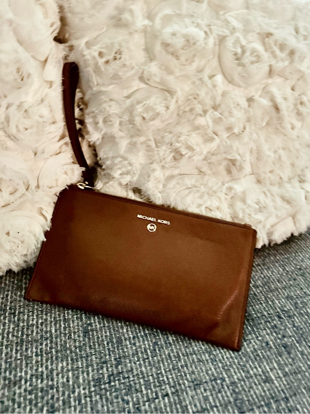 Michael Kors Cognac Pebbled Leather Wristlet Clutch Wallet Purse